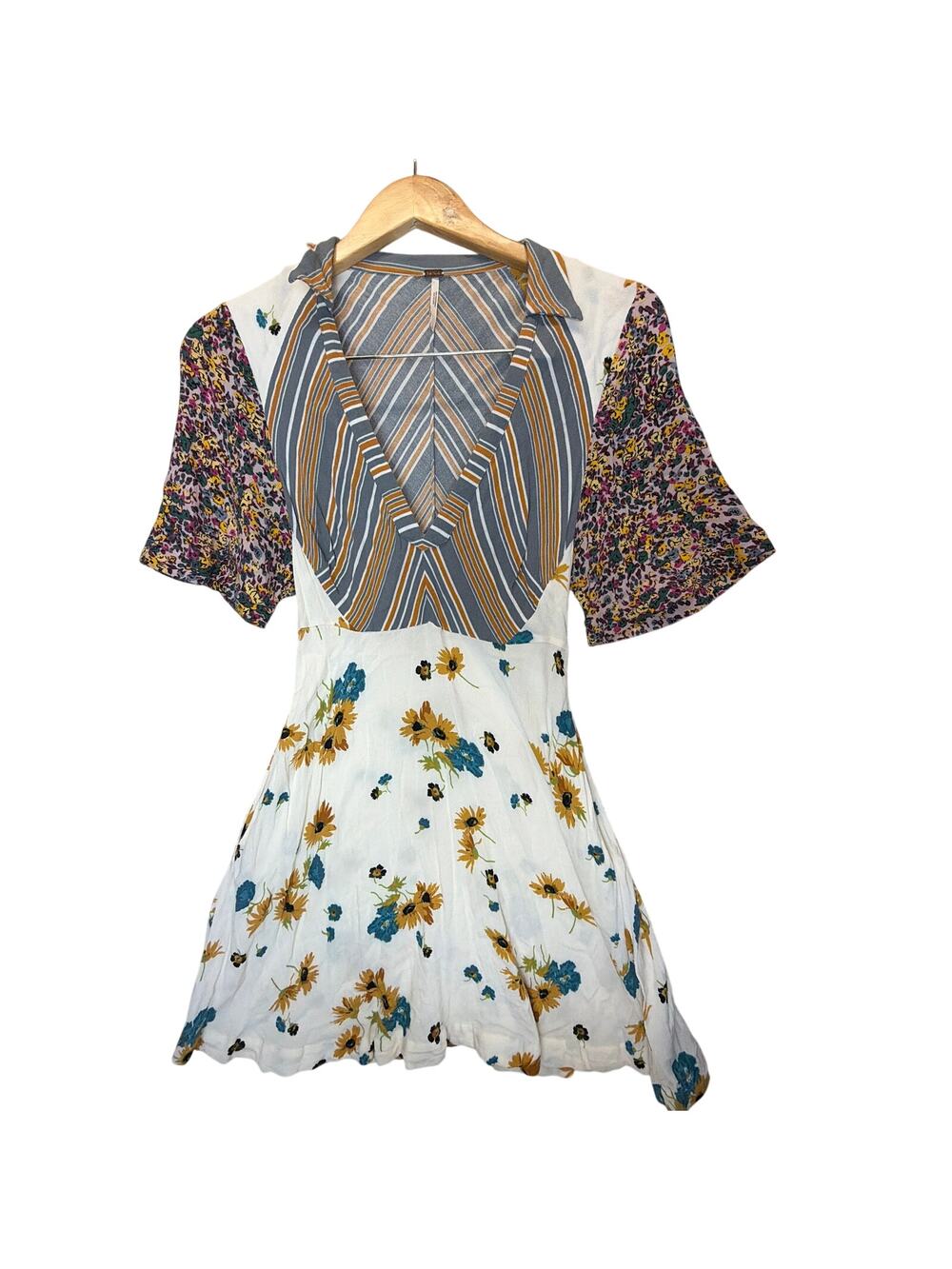 Free People Only One Mixed Print Mini Dress Boho Stripe FloralPlunging V-Neck 4